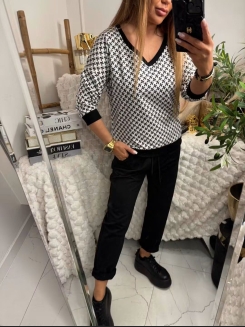 Bawełniana bluza w czarno-białą pepitkę z rękawem 3/4